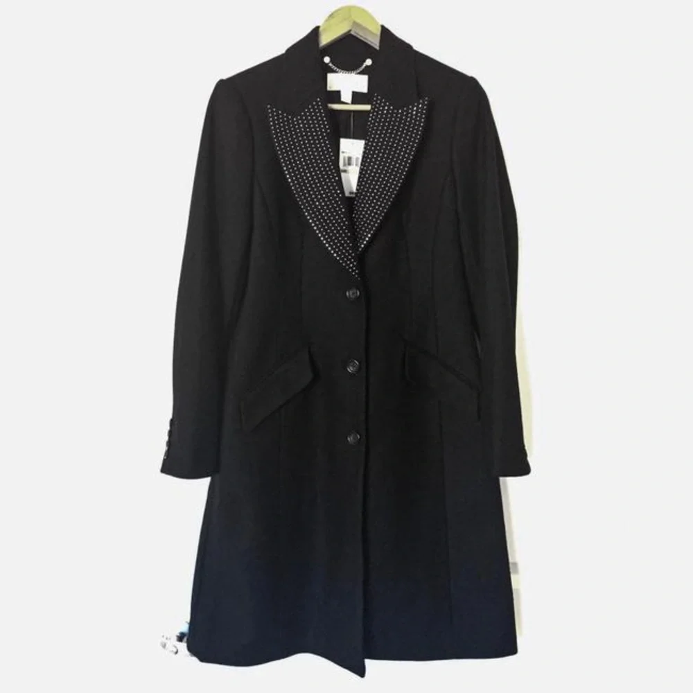 MICHAEL Michael Kors Black Studded Lapel Wool Elegant Coat